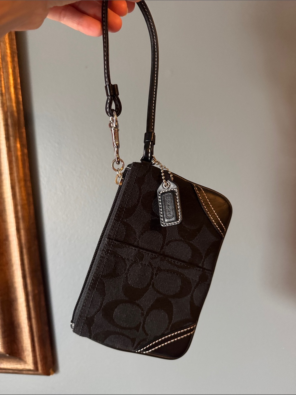 Coach Black Signature Card Case Wristlet with Silver Hardware
